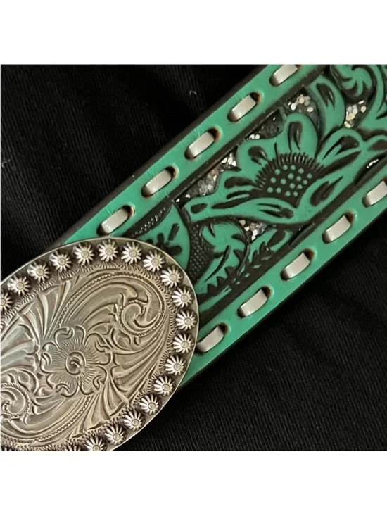 Nocona Turquoise Floral Tooled Leather Belt with Silver Conchos - Picture 5 of 8